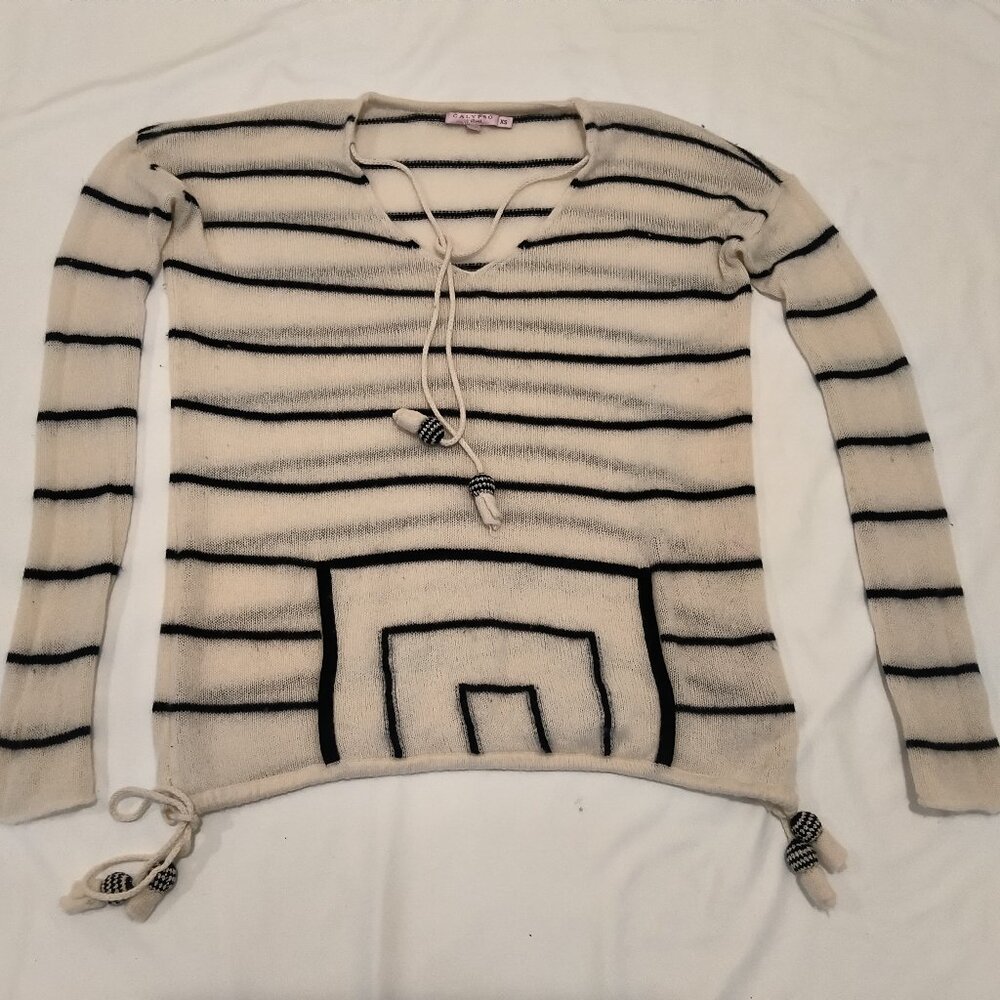 CALYPSO White and Black Striped Long Sleeve Cashmere Sweater Size XS